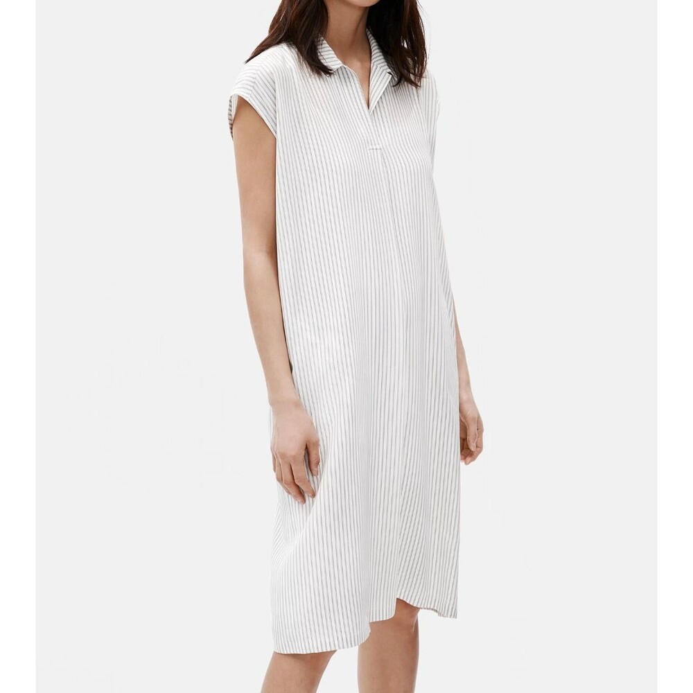 Eileen Fisher 100% Silk Crepe de Chine Striped Shirtdress Boxy Fit Size Medium